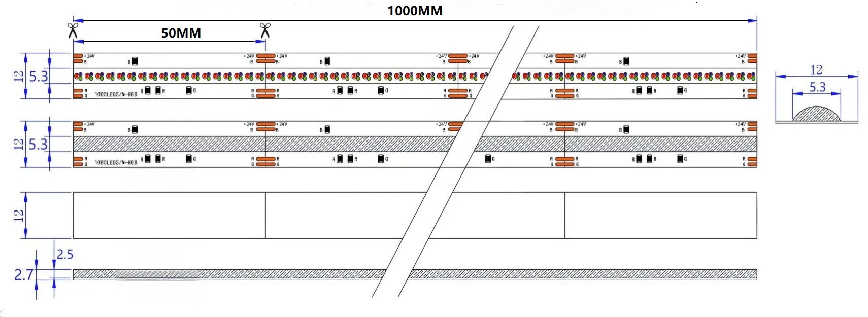 0.5M RGB LED Strip, 1080LEDs/m, 12mm Width, 24V, 14W/M, 50mm Cut, Silicone Coated Dimensions
