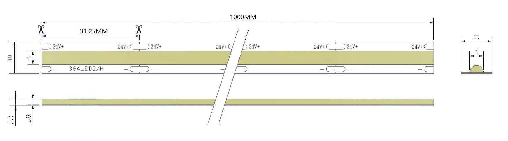 0.5M 384LEDs/m 10mm LED Strip, 3.5oz Copper, 24V, 10W/M, 31.25mm Cut, 6000K Warm White, CRI90 Dimensions