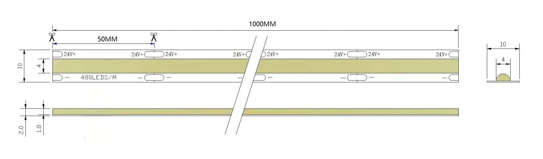 0.5M High Efficacy LED Strip, 480LEDs/m, 24V, 14.5W/M, 10mm Width, 50mm Cut, 4000K Natural White, CRI90 Dimensions