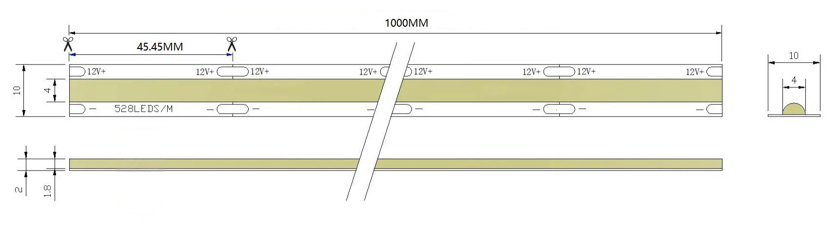 0.5M 528LEDs/m LED Strip, 10mm Width, 12V, 14W/M, 45.45mm Cut, 4000K Warm White, CRI90 Dimensions