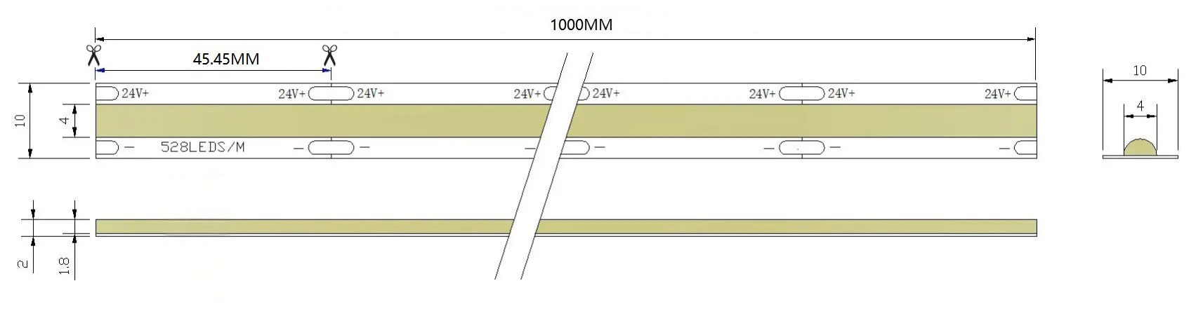 0.5M 528LEDs/m LED Strip, 10mm Width, 24V, 14W/M, 45.45mm Cut, 6000K Daylight White, CRI90 Dimensions