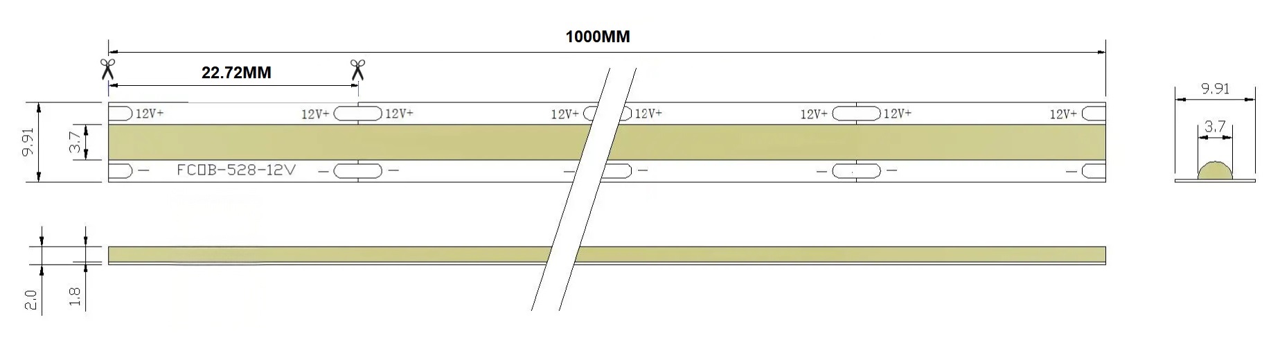 12V 528D Seamless COB LED Strip | 10mm Al PCB | 4000K RA90 14W/M 5M/Reel Dimensions