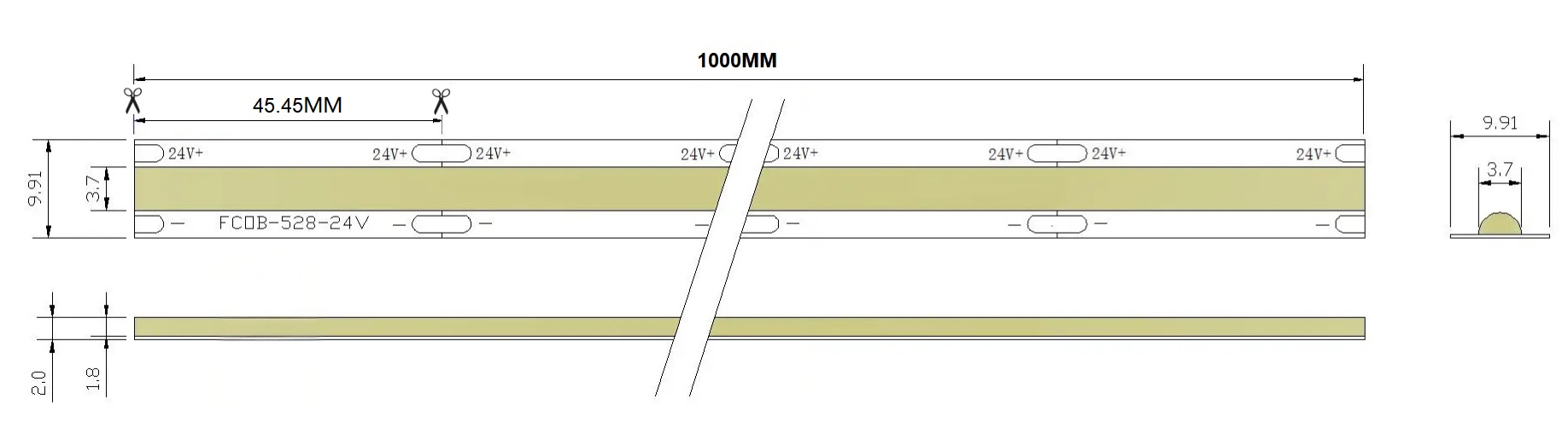 24V 528D Seamless COB LED Strip | 10mm Al PCB | 3000K RA90 14W/M 5M/Reel Dimensions
