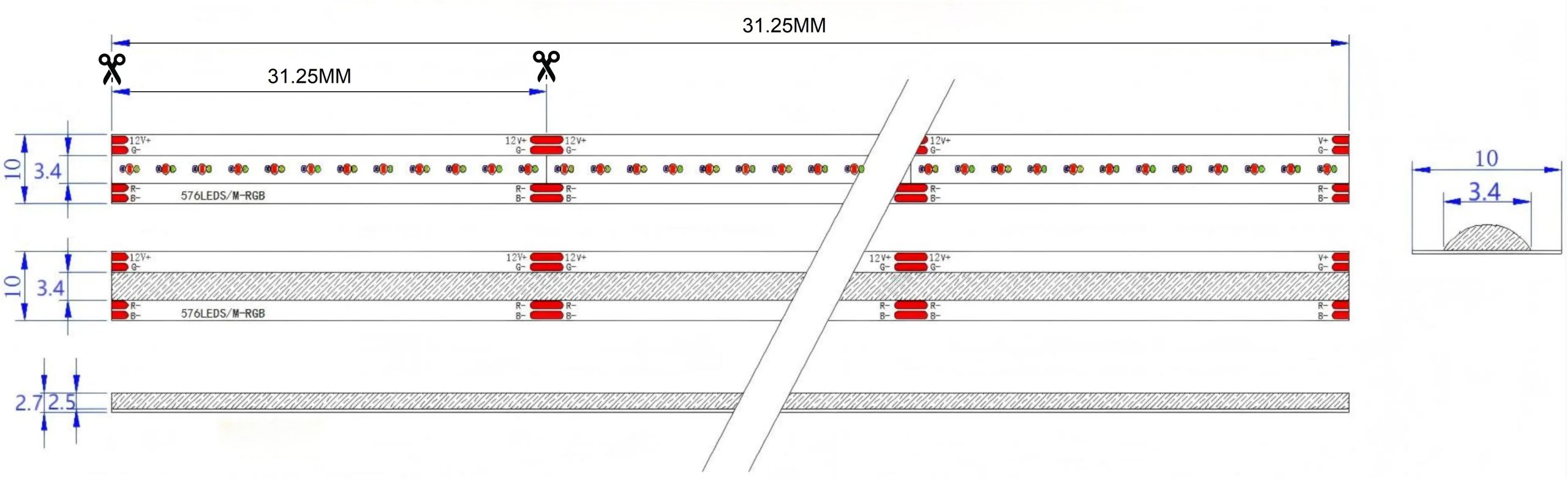 0.5M RGB LED Strip, 576LEDs/m, 10mm Width, 12V, 14W/M, 31.25mm Cut, Static RGB Dimensions