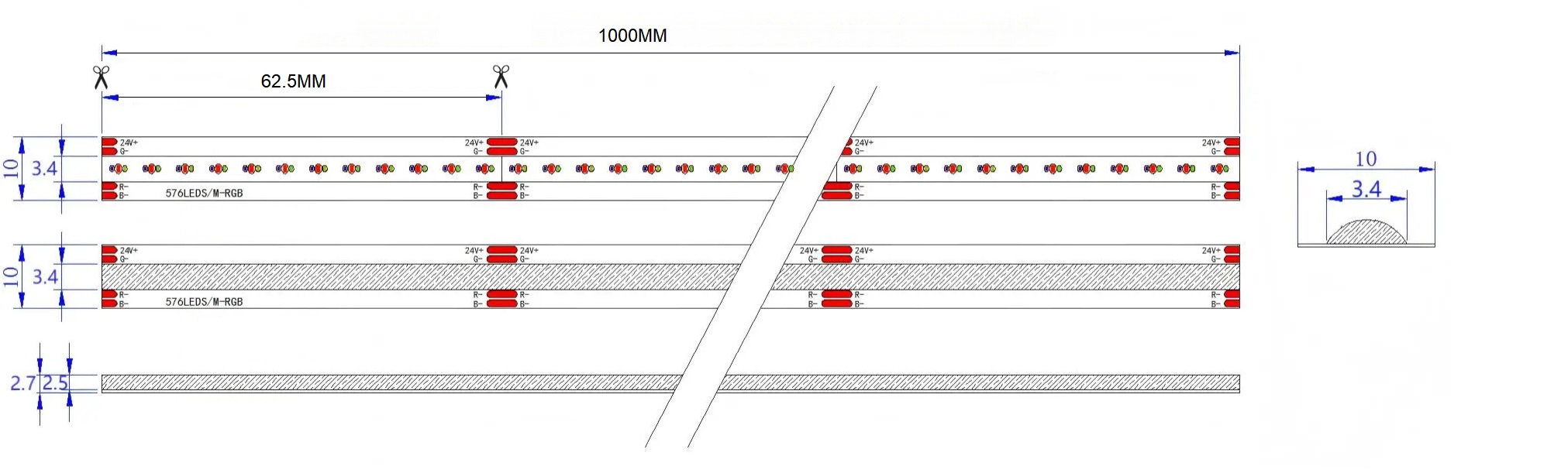 0.5M RGB LED Strip, 576LEDs/m, 10mm Width, 24V, 14W/M, 62.5mm Cut, Static Color Dimensions