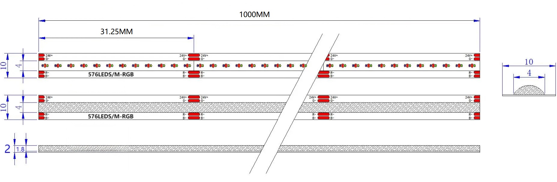 5M Reel RGB LED Strip, 576LEDs/m, 10mm Width, 24V, 14W/M, 31.25mm Cut Dimensions