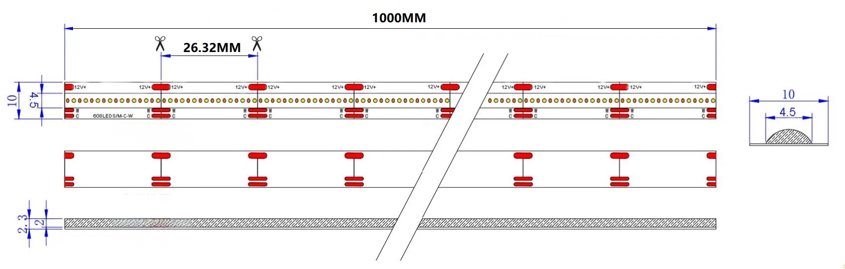 0.5M Dual White LED Strip, 608LEDs/m, 10mm Width, 12V, 7W+7W, 26.31mm Cut, 2700K-6500K Tunable, CRI90 Dimensions