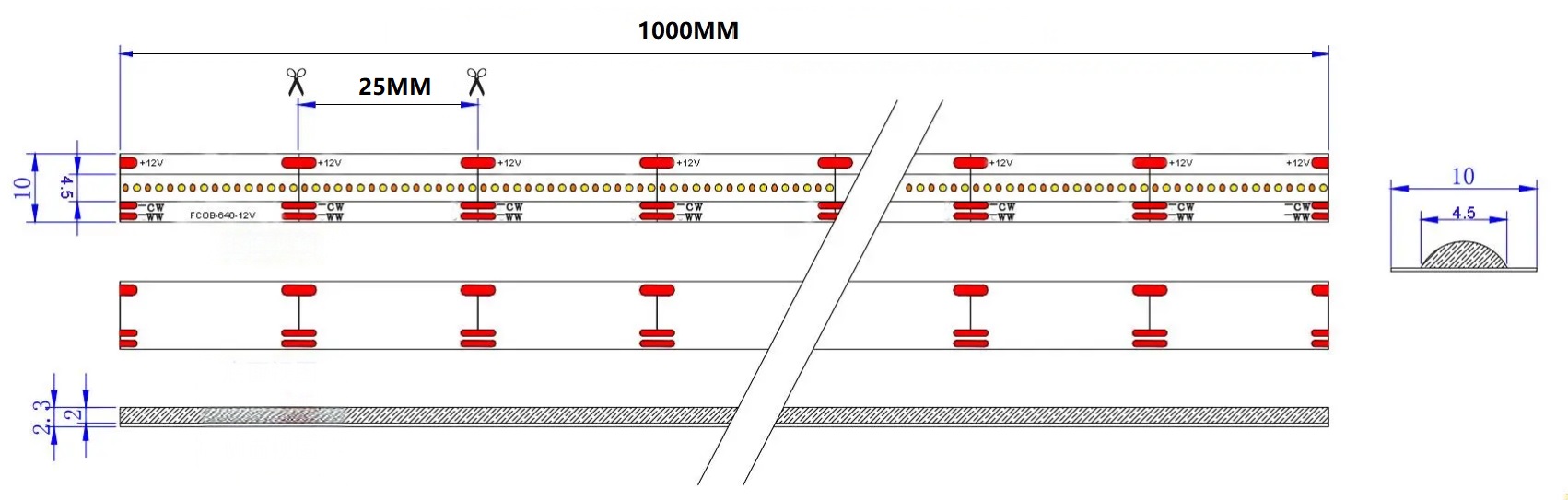 0.5M Dual White LED Strip, 640LEDs/m, 10mm Width, 12V, 8W+8W, 25mm Cut, 2700K-6500K Tunable, CRI90 Dimensions