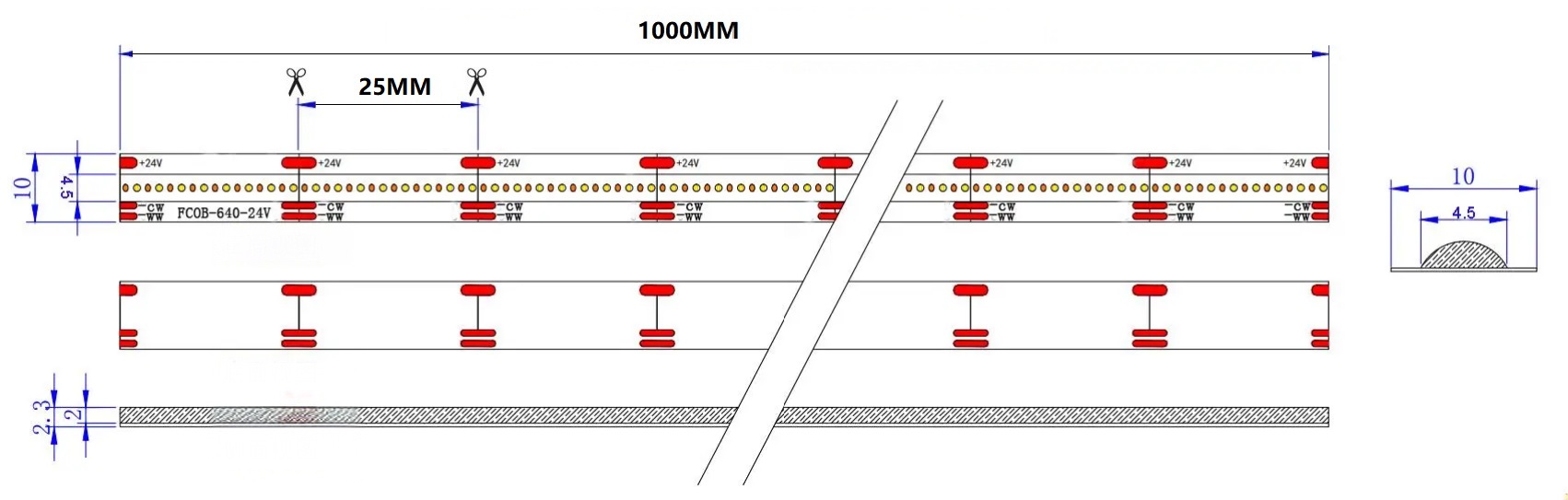 0.5M Dual White LED Strip, 640LEDs/m, 10mm Width, 24V, 8W+8W, 25mm Cut, 2700K-6500K Tunable, CRI90 Dimensions