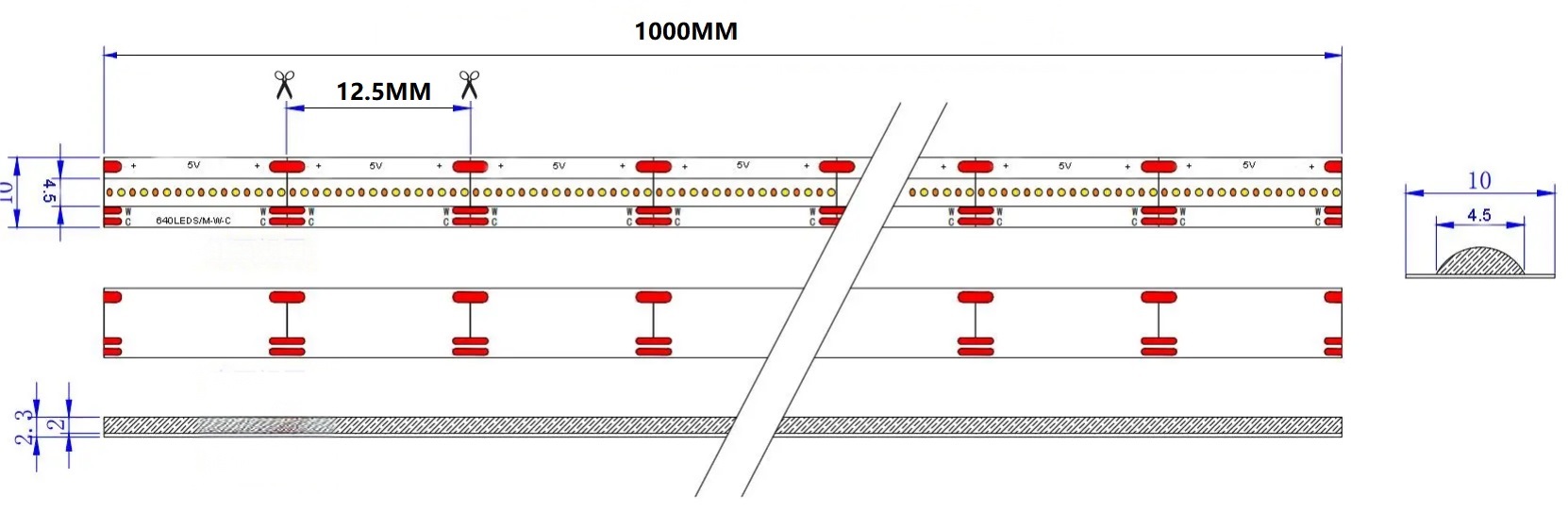 0.5M Dual White LED Strip, 640LEDs/m, 10mm Width, 5V, 5W+5W, 12.5mm Cut, 2700K-6500K Tunable, CRI90 Dimensions