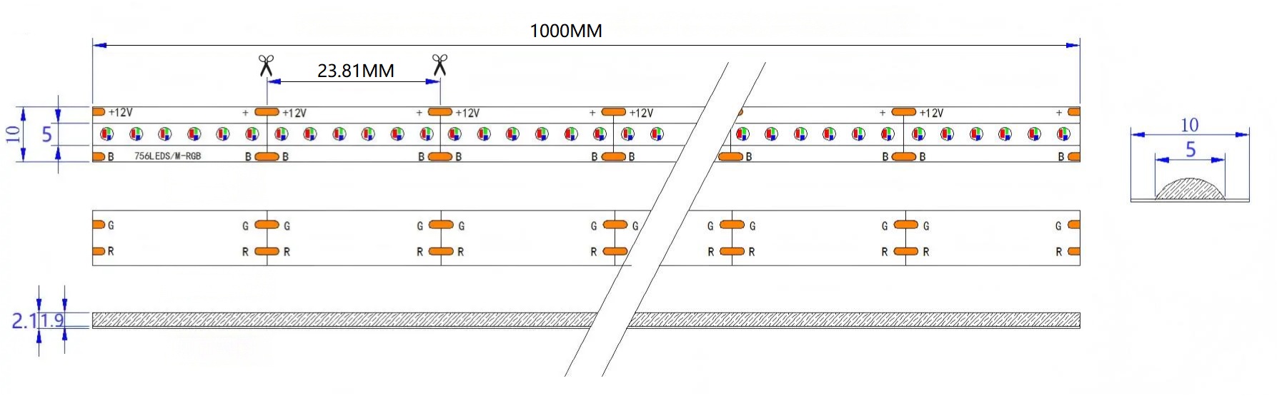 0.5M RGB LED Strip, 756LEDs/m, 10mm Width, 12V, 14W/M, 23.81mm Cut, Heavy Copper Dimensions