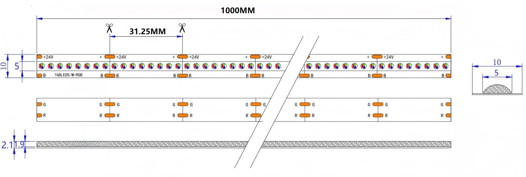 0.5M RGB LED Strip, 768LEDs/m, 10mm Width, 24V, 14W/M, 31.26mm Cut, Static RGB Dimensions