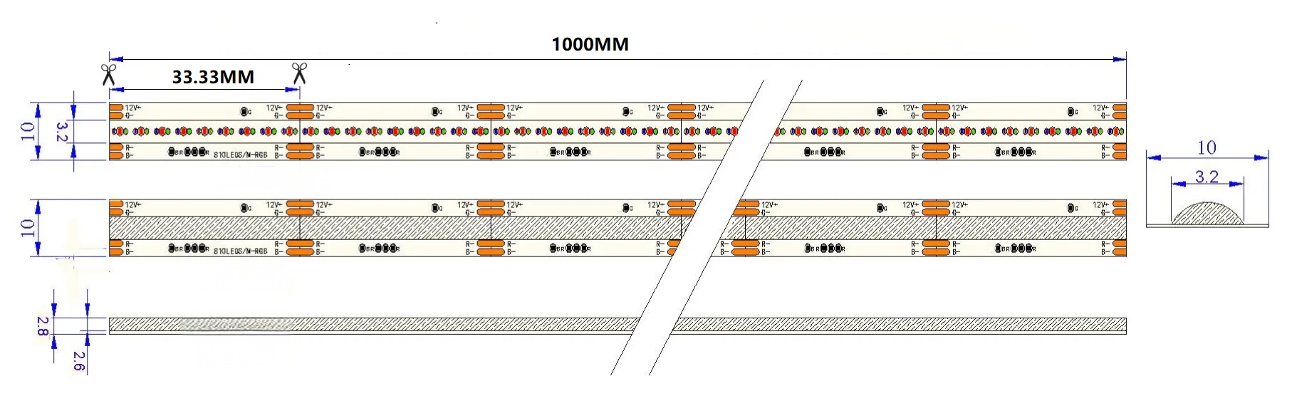 0.5M RGB LED Strip, 810LEDs/m, 10mm Width, 12V, 14W/M, 33.33mm Cut, Static RGB Dimensions