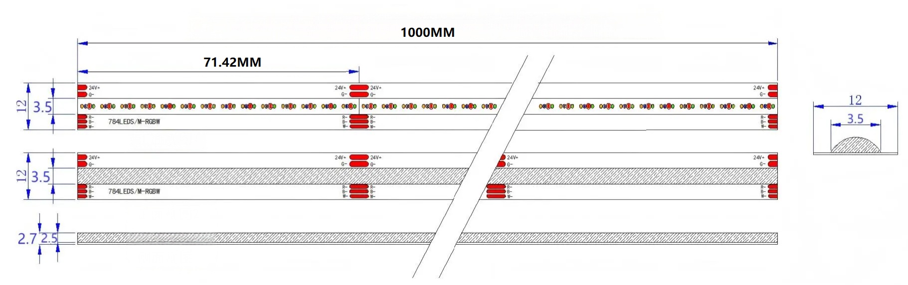 0.5M RGBW LED Strip, 784LEDs/m, 12mm Width, 24V, 19W/M, 71.42mm Cut, RGB+White, CRI90 Dimensions