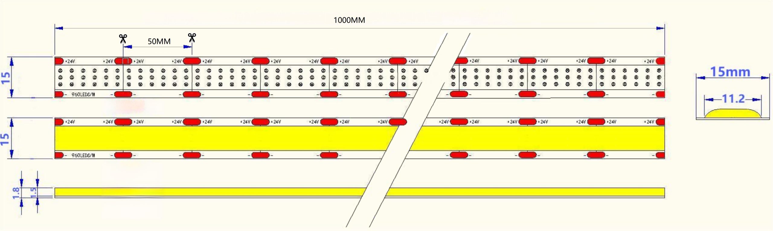 0.5M Triple-Row 960LEDs/m LED Strip, 15mm Width, 24V, 25W/M, 50mm Cut, 6000K Daylight White, CRI90 Dimensions