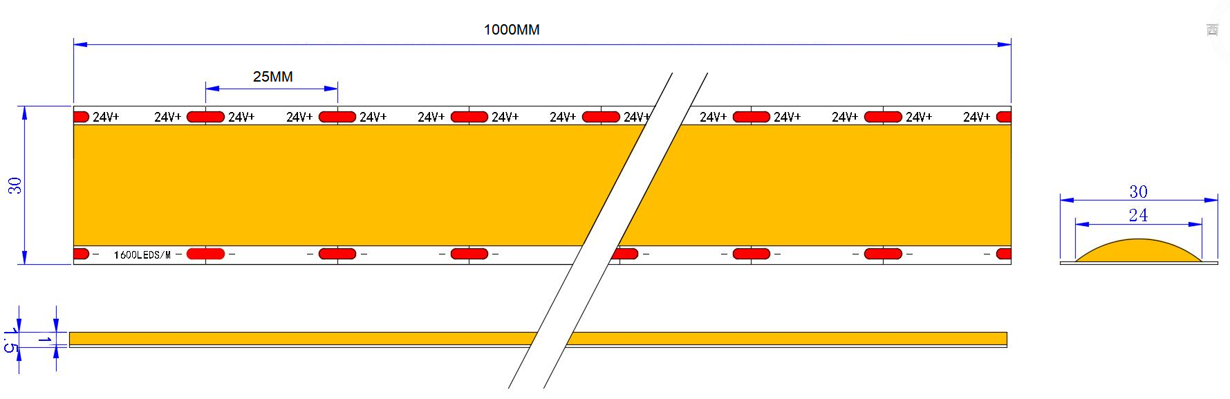 0.5M Five-Row 1600LEDs/m LED Strip, 30mm Width, 24V, 40W/M, 25mm Cut, 4000K Daylight White, CRI90 Dimensions