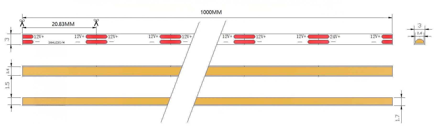 0.5M 384LEDs 3mm LED Strip, 7W/M, 12V, 20.83mm Cut, 3000K Warm White, CRI90 Dimensions