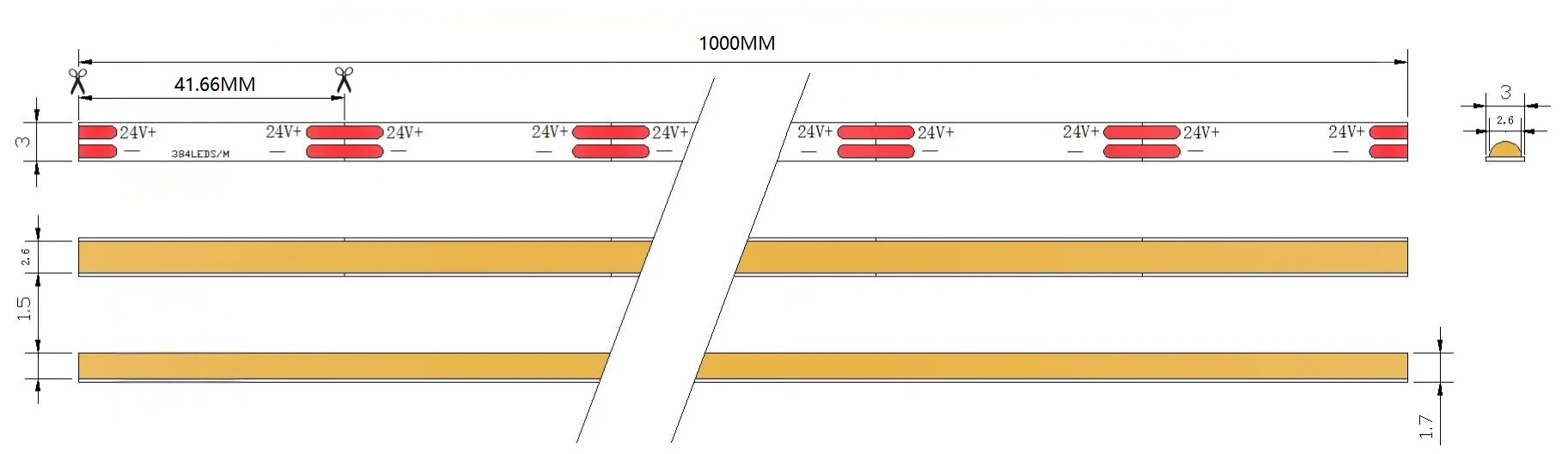 0.5M 384LEDs/m 3mm LED Strip, 7W/M, 24V, 41.66mm Cut, 3000K Warm White, CRI90 Dimensions