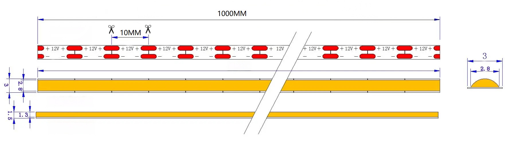 12V 400D Seamless COB LED Strip | 3mm Al PCB | 4000K RA90 7W/M 5M/Reel Dimensions