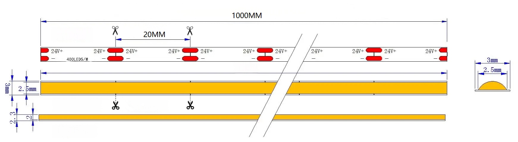 24V 400D Seamless COB LED Strip | 3mm Al PCB | 4000K RA90 7W/M 5M/Reel Dimensions
