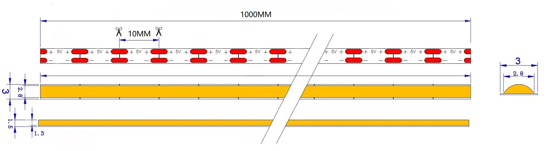 5V 400D Seamless COB LED Strip | 3mm Al PCB | 6000K RA90 5.5W/M 5M/Reel Dimensions