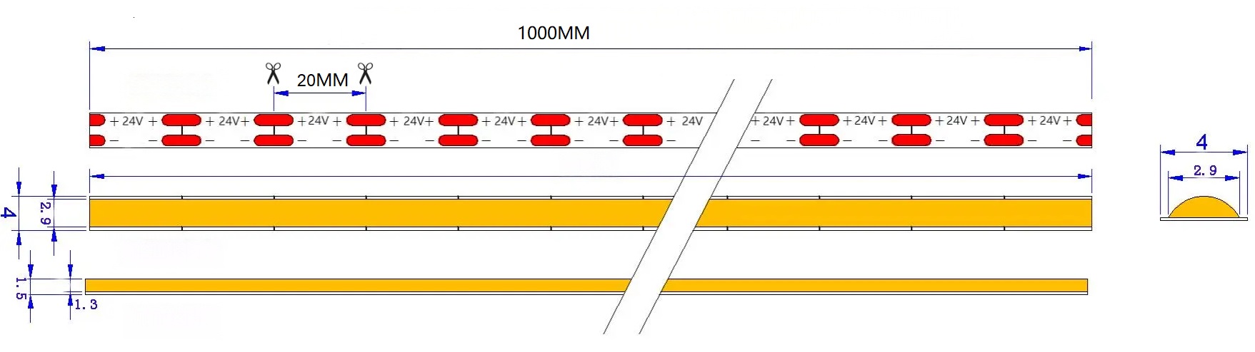 24V 400D Seamless COB LED Strip | 4mm Al PCB | 6000K RA90 7W/M 5M/Reel Dimensions