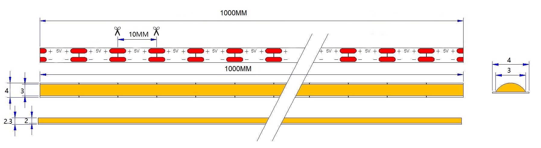 5V 400D Seamless COB LED Strip | 4mm Al PCB | 3000K RA90 5.5W/M 5M/Reel Dimensions