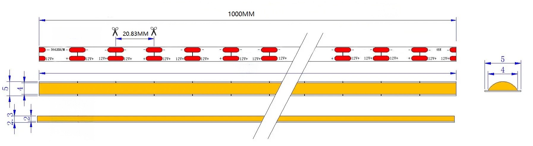0.5M 384LEDs/m 5mm LED Strip, 10W/M, 12V, 20.83mm Cut, 4000K Warm White, CRI90 Dimensions