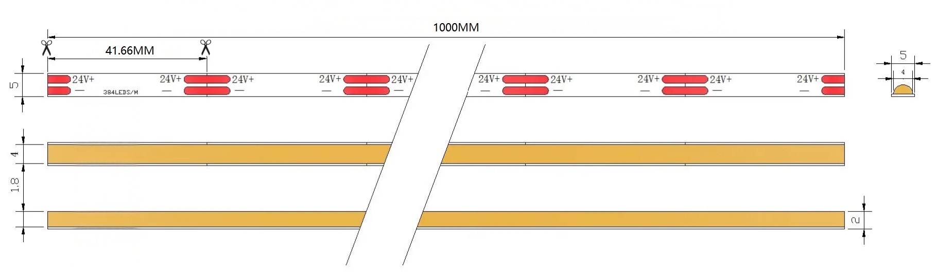 0.5M 384LEDs/m 5mm LED Strip, 10W/M, 24V, 41.66mm Cut, 4000K Natural White, CRI90 Dimensions