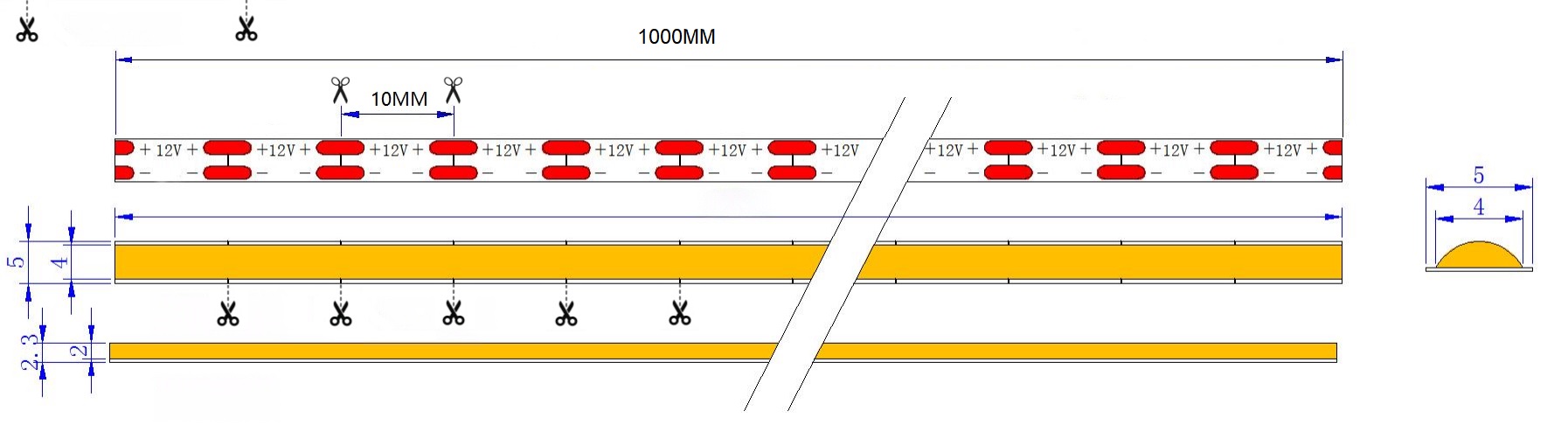 12V 400D Seamless COB LED Strip | 5mm Al PCB | 3000K RA90 10W/M 5M/Reel Dimensions