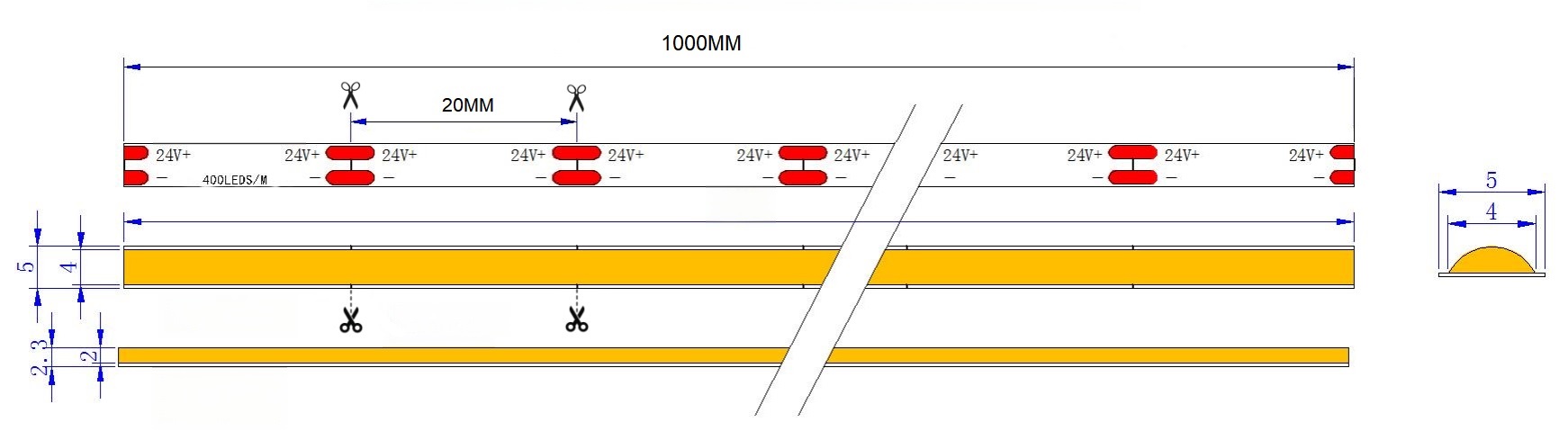 24V 400D Seamless COB LED Strip | 5mm Al PCB | 6000K RA90 10W/M 5M/Reel