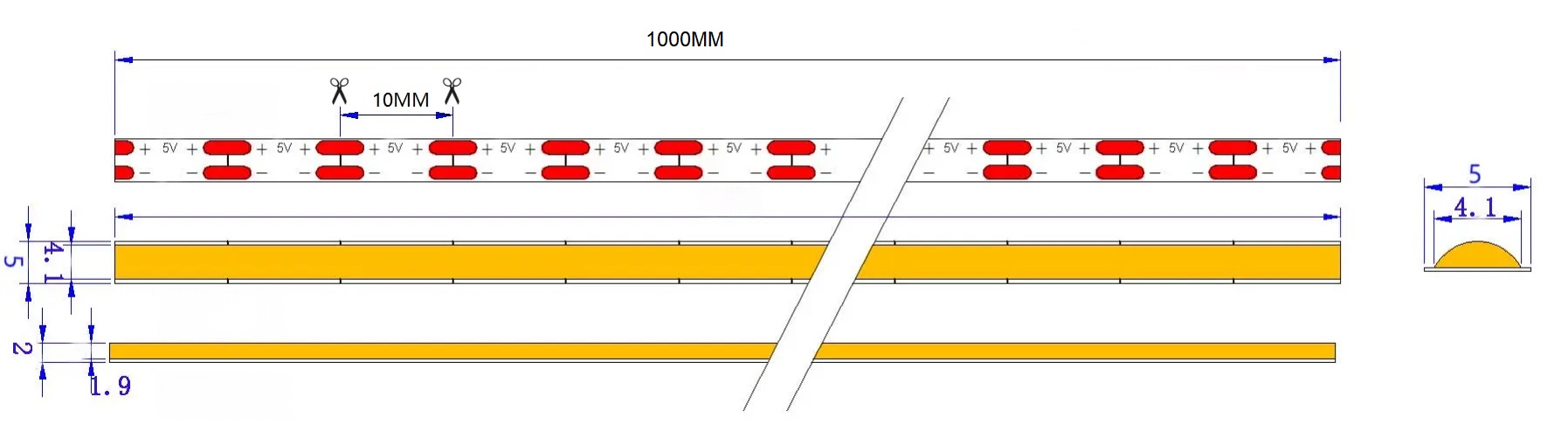 5V 400D Seamless COB LED Strip | 5mm Al PCB | 4000K RA90 7W/M 5M/Reel Dimensions