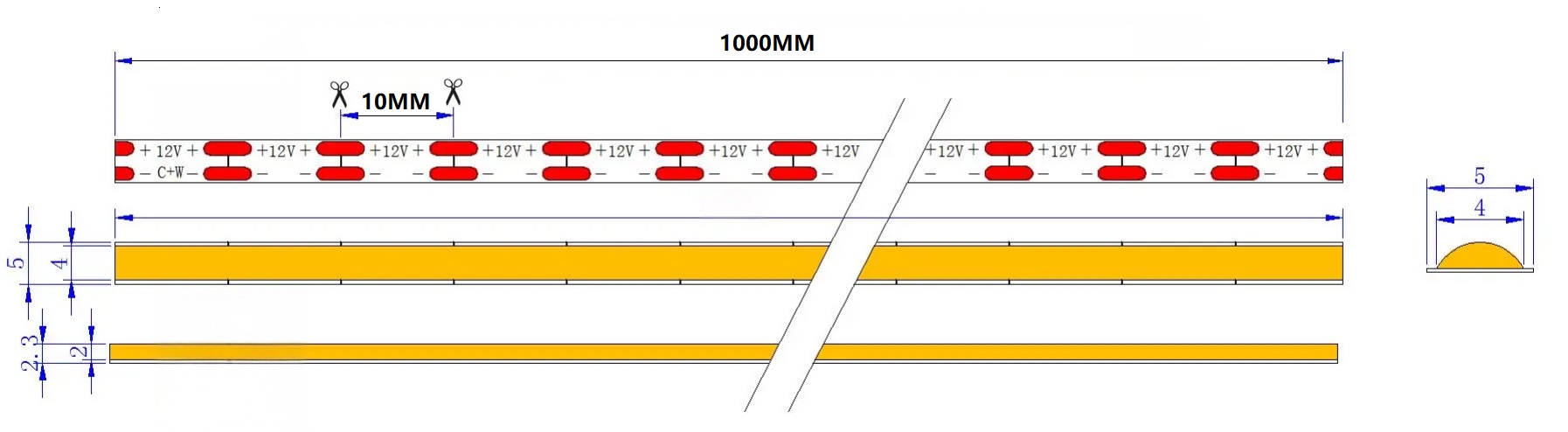 0.5M Dual White LED Strip, 600LEDs/m, 5mm Width, 12V, 14W/M, 10mm Cut, 2700K-6500K Tunable, CRI90 Dimensions