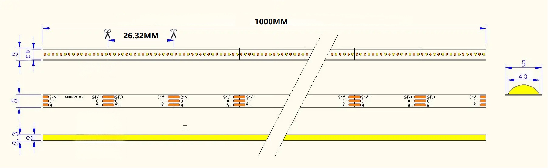 0.5M Dual White LED Strip, 608LEDs/m, 5mm Width, 24V, 6W+6W, 26.31mm Cut, 2700K-6500K Tunable, CRI90 Dimensions