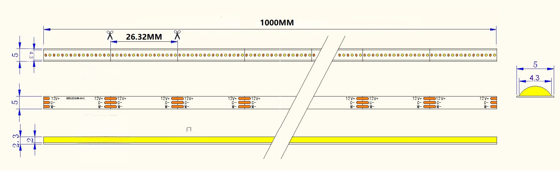 0.5M Dual White LED Strip, 608LEDs/m, 5mm Width, 12V, 6W+6W, 13.16mm Cut, 2700K-6500K Tunable, CRI90 Dimensions