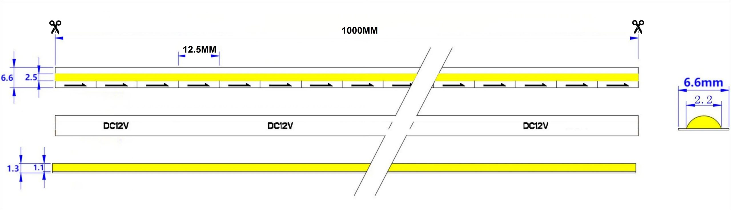 12V Solderless 320D Seamless COB LED Strip | 6.6mm Al PCB | 4000K RA90 7W/M 200M/Reel Dimensions