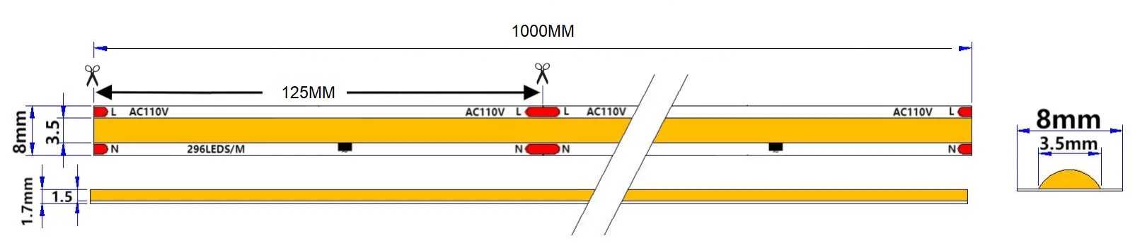 296D High CRI LED Strip 110V 4000K - Neutral White, 80lm/W Dimensions