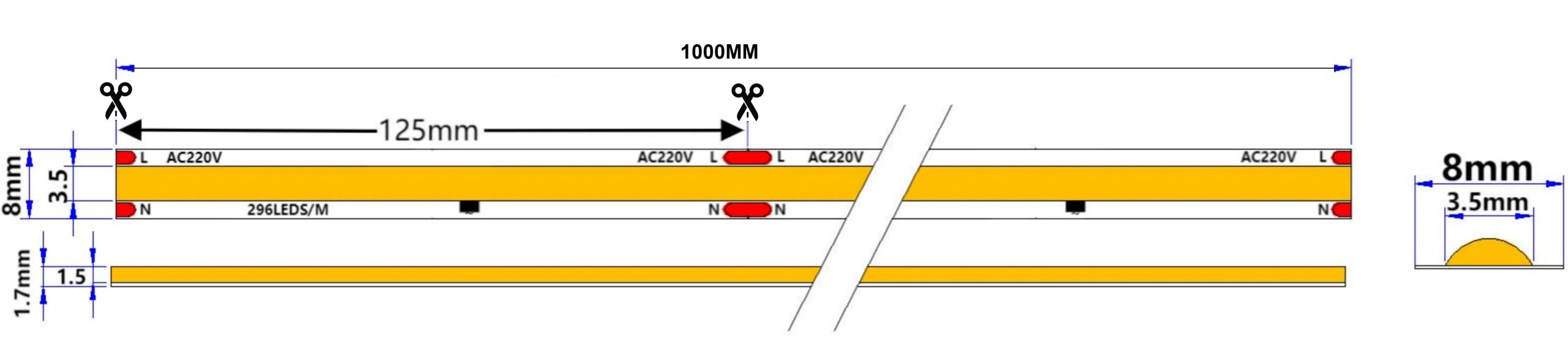 296D Professional LED Strip 220V 4000K - Neutral White, 80CRI Dimensions