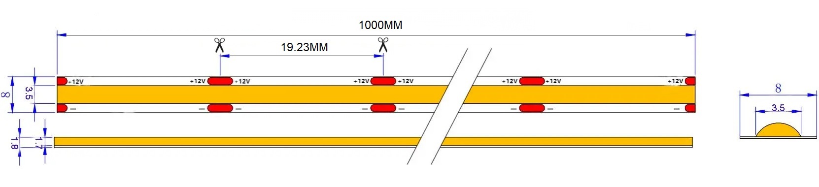 12V 312D Seamless COB LED Strip | 8mm Al PCB | 4000K RA90 11W/M 10M/Reel Dimensions