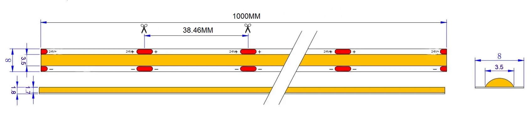 24V 312D Seamless COB LED Strip | 8mm Al PCB | 4000K RA90 11W/M 10M/Reel Dimensions