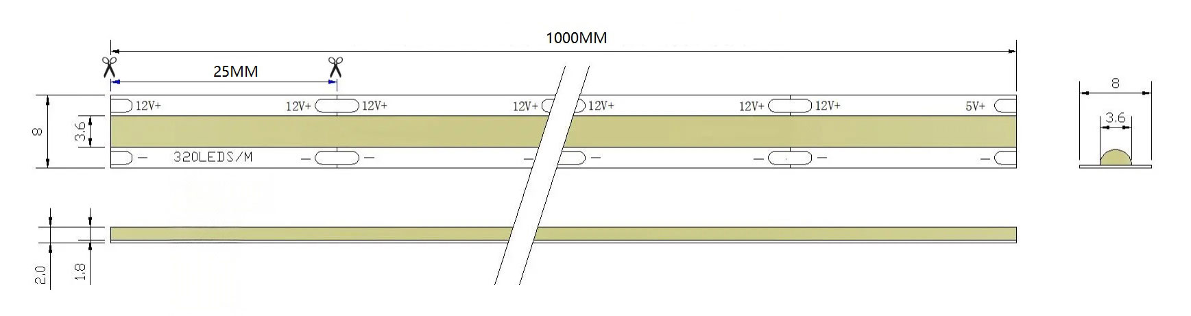 0.5M Pre-cut 12V LED Strip Light, 8mm 320LEDs/m, 3000K Warm White Dimensions