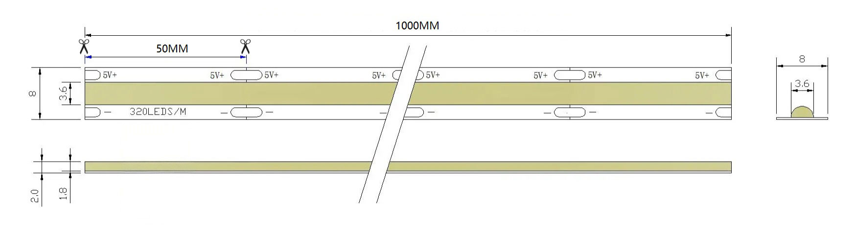 0.5M Pre-cut 5V LED Strip, 8mm 320LEDs/m, 6000K Cool White (USB Powered) Dimensions