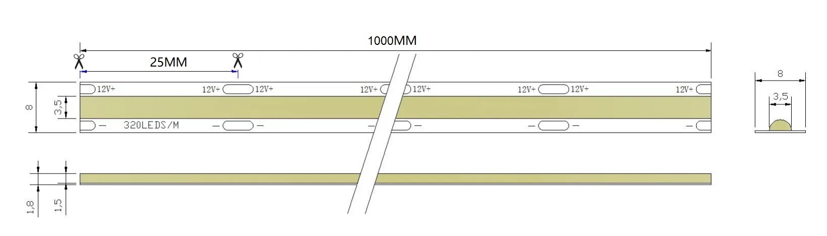 12V 320D Seamless COB LED Strip | 8mm Al PCB | 4000K RA90 8W/M 10M/Reel Dimensions