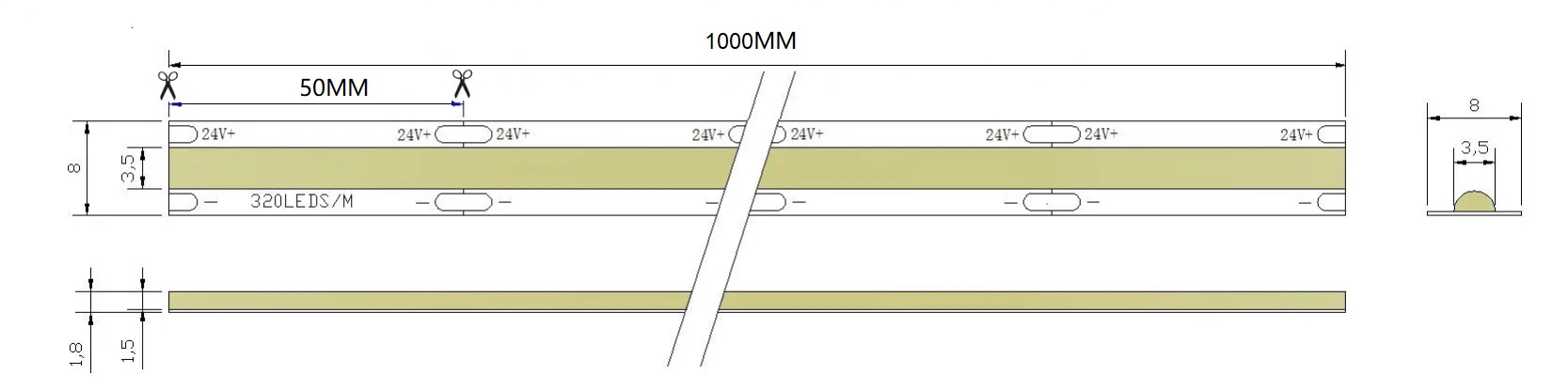24V 320D Seamless COB LED Strip | 8mm Al PCB | 3000K RA90 8W/M 10M/Reel Dimensions
