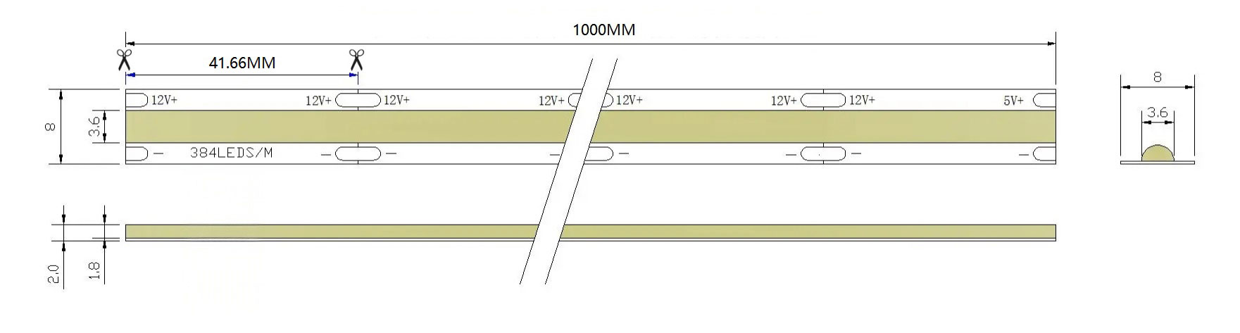0.5M 384LEDs/m 8mm LED Strip, 10W/M, 12V, 41.66mm Cut, 6000K Warm White, CRI90 Dimensions