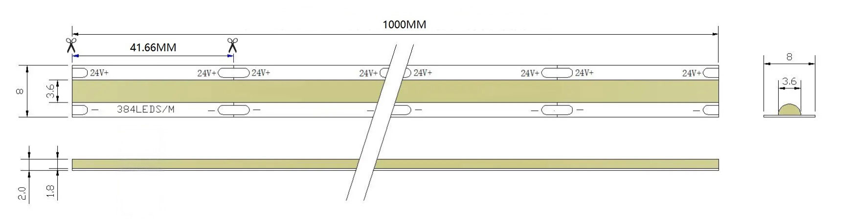 0.5M 384LEDs/m 8mm LED Strip, 10W/M, 24V, 41.66mm Cut, 6000K Natural White, CRI90 Dimensions