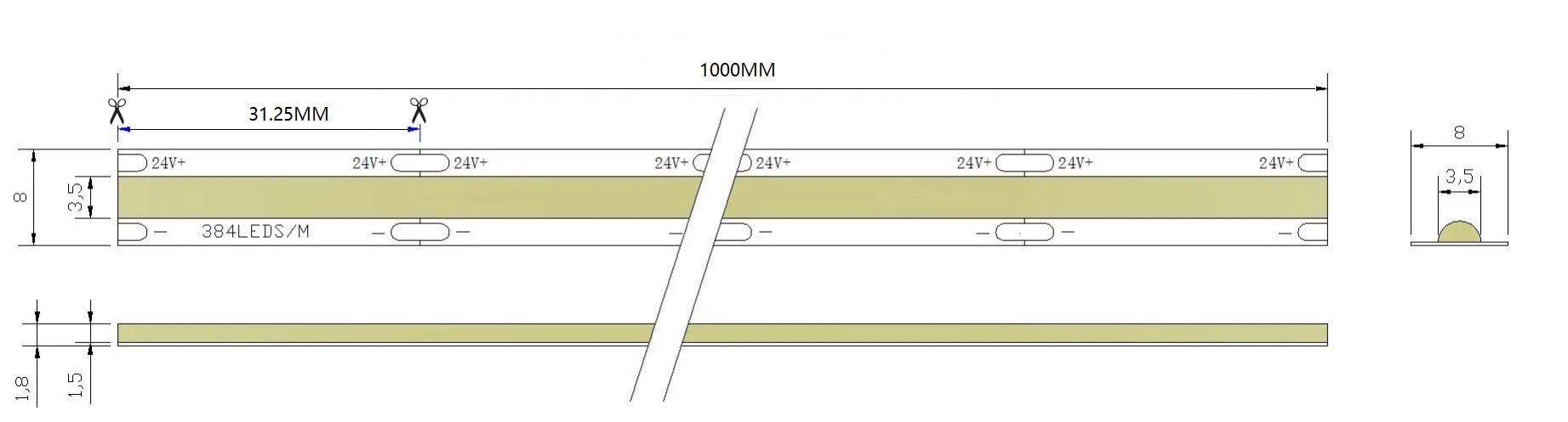 24V 384D Seamless COB LED Strip | 8mm Al PCB | 3000K RA90 10W/M 10M/Reel Dimensions