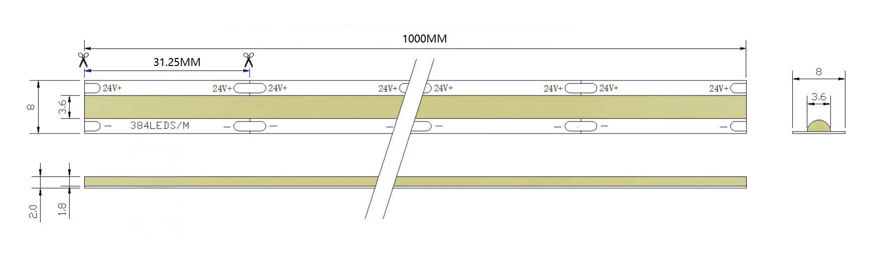 0.5M 384LEDs/m 8mm LED Strip, 10W/M, 24V, 31.25mm Cut, 2.5oz Copper, 4000K Warm White, CRI90 Dimensions
