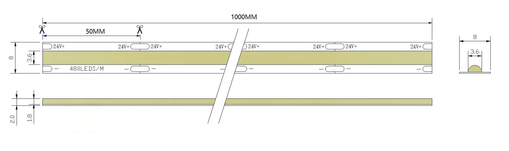 0.5M 480LEDs/m 8mm LED Strip, 11W/M, 24V, 50mm Cut, 3000K Warm White, CRI90 Dimensions