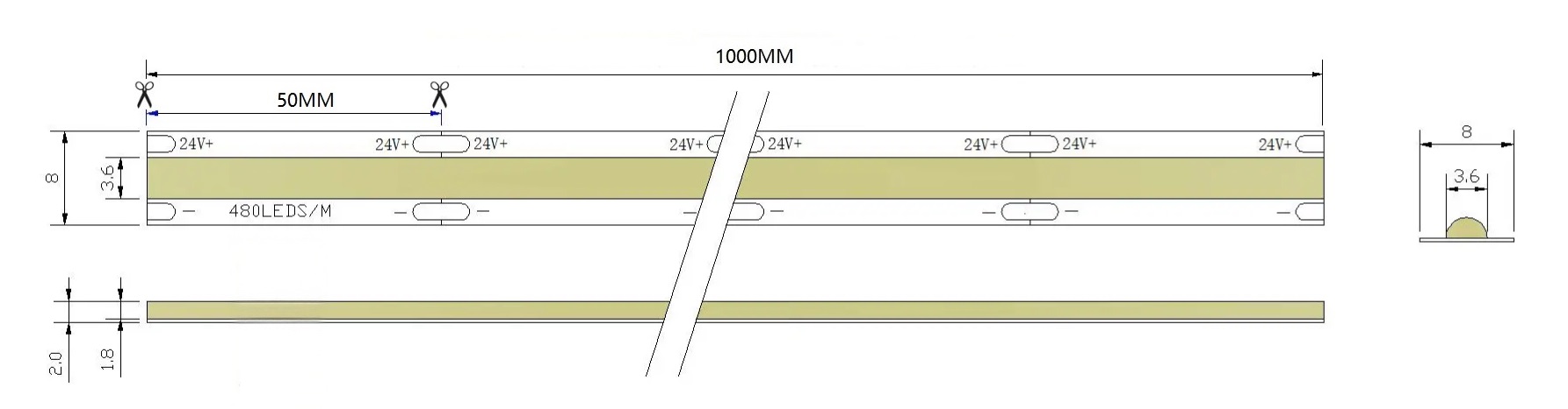 0.5M High Efficacy 8mm LED Strip, 480LEDs/m, 24V, 9.5W/M, 50mm Cut, 3000K Warm White, CRI90, 115LM/W Dimensions